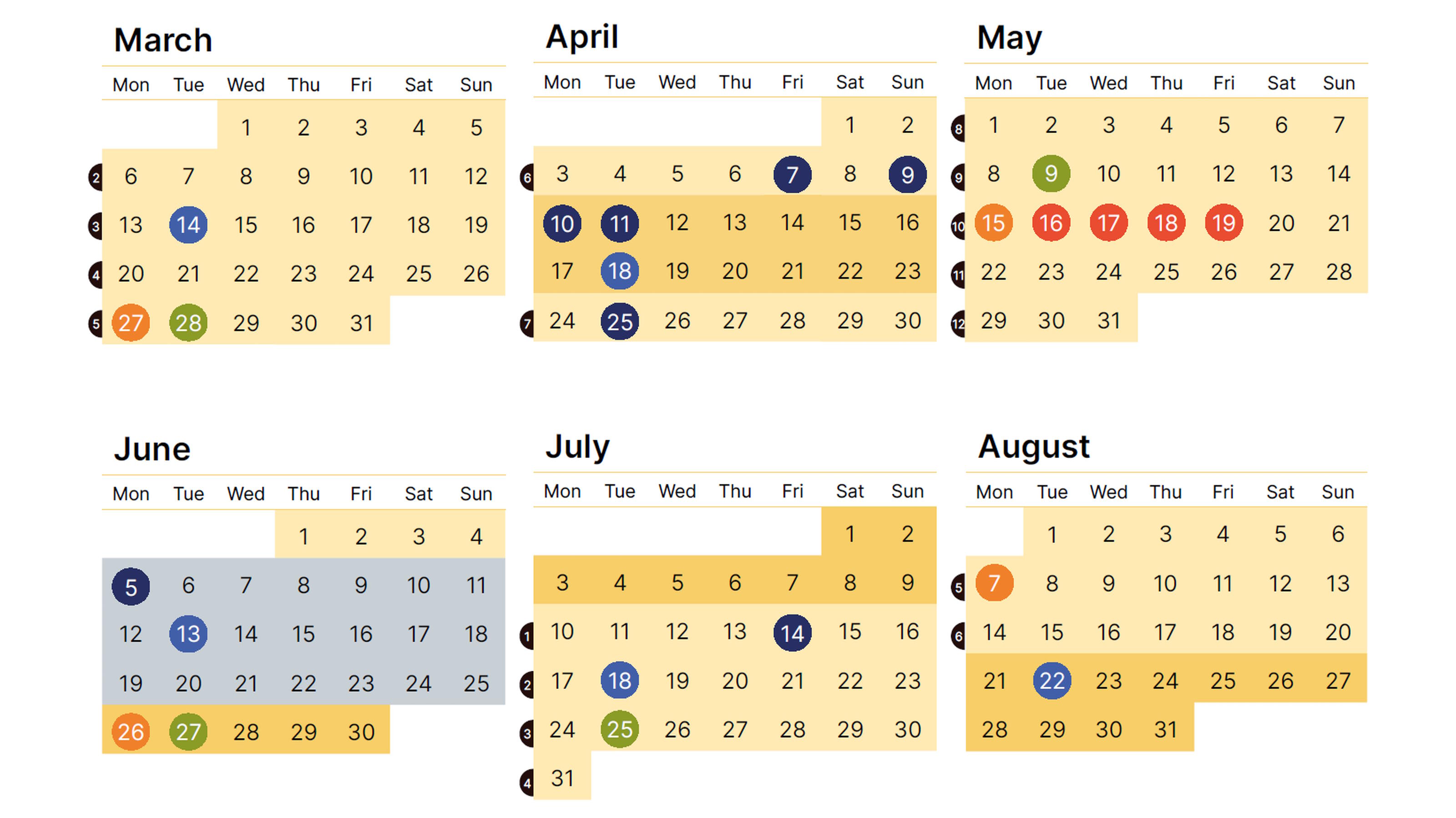Section from the University's wall calendar showing trimester and exam dates.