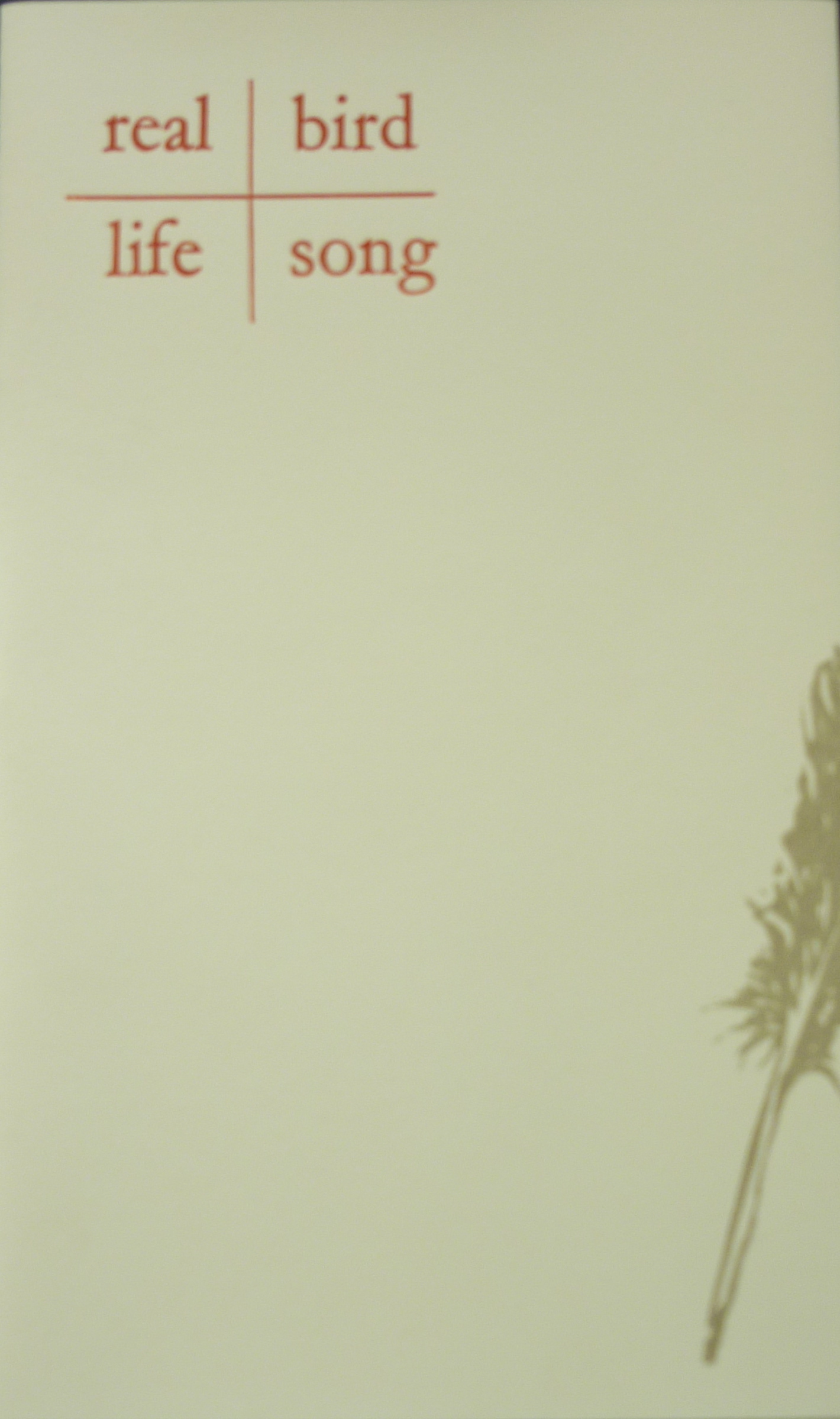 real-life.JPG Cover for Real Life Bird Song featuring gold wood cut of feather.