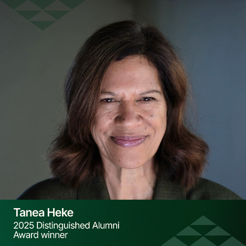 DAA 2025 Tanea Heke A close up of Tanea Heke, a middle-aged Maōri woman with warm brown hair smiling at the camera.