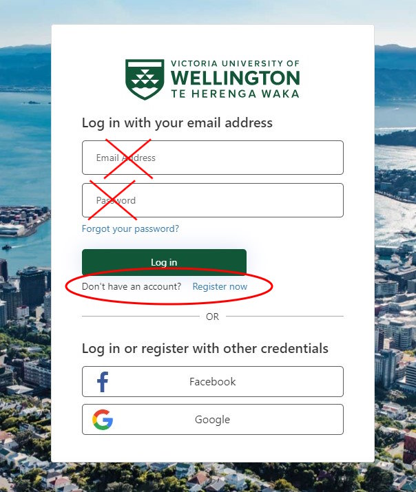 Screenshot from Puaha student portal with red crosses and circles to indicate how to sign up rather than login