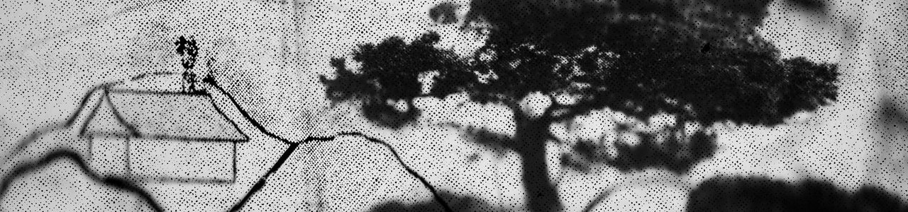 Confucius institute – a black and white illustration of a tree and a house on the hills in the background.