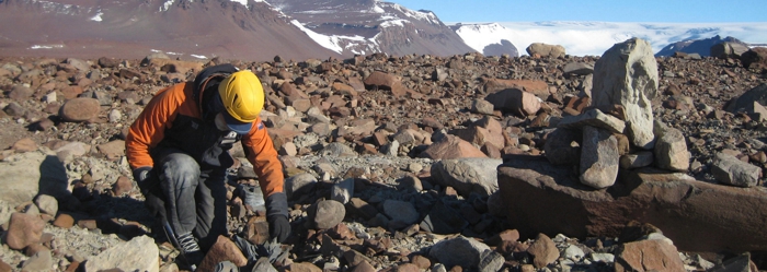 A researcher in the Meyer Desert, Antarctica.