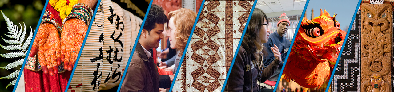 A banner image consisting of eight images placed together eaach representing a multicultural aspect of New Zealand.