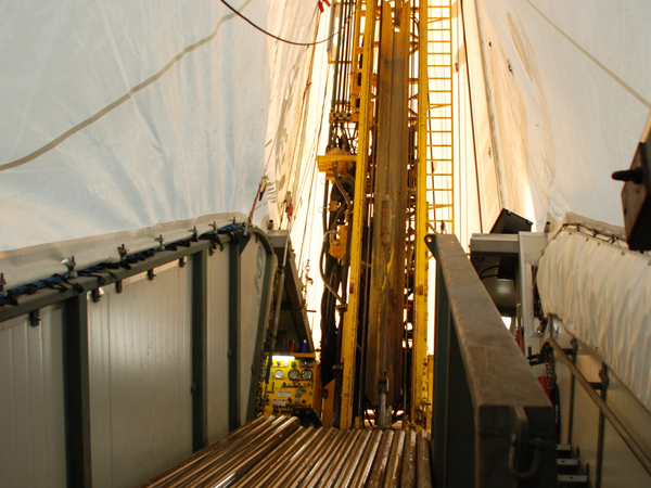 Inside the drill tent. The drill mast and core barrels c. Tamsin Falconer 2007-2008