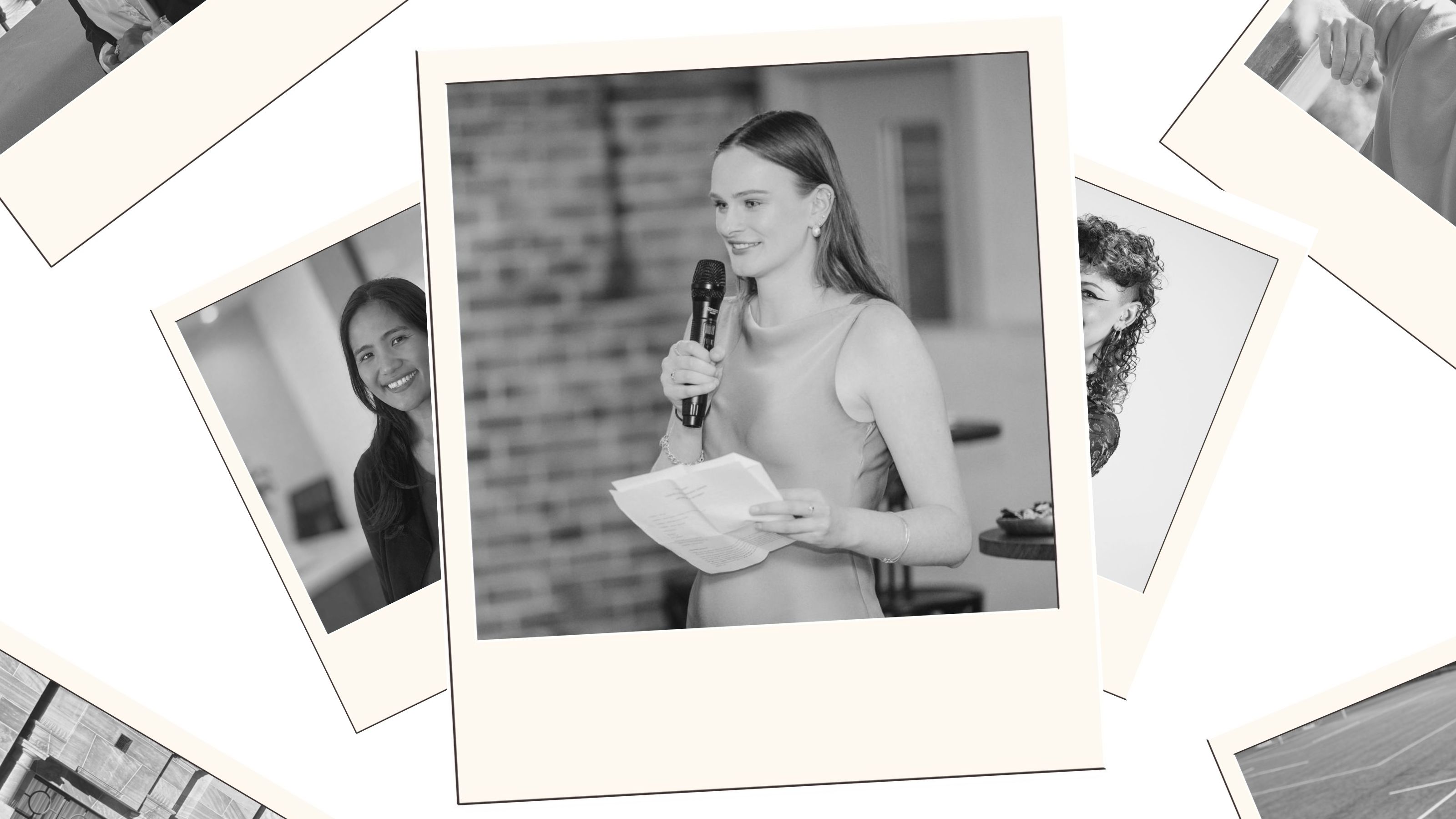 Black and white polaroid photo of a woman giving a speech.