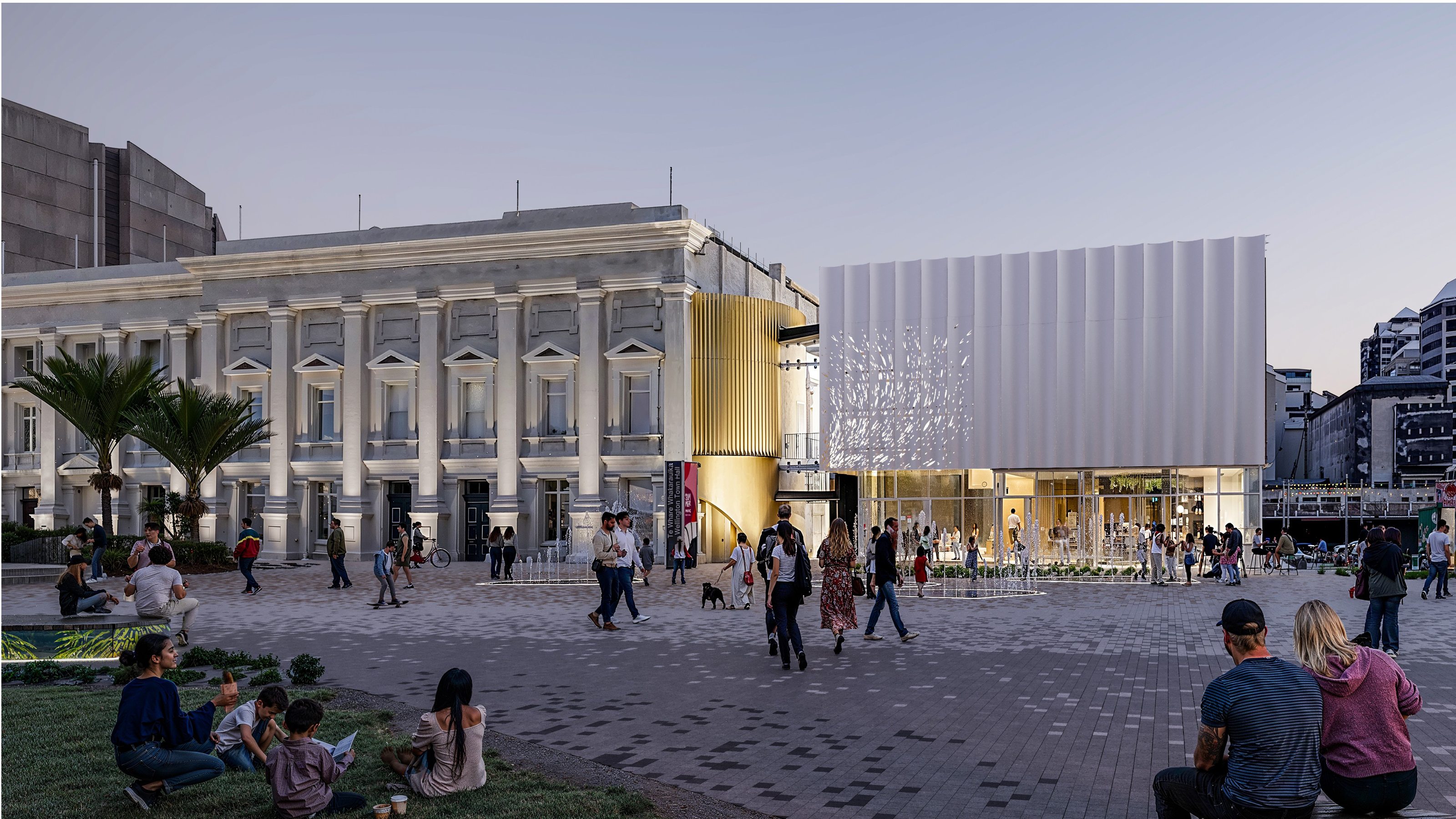 An architect's rendering of Wellington Town Hall at night