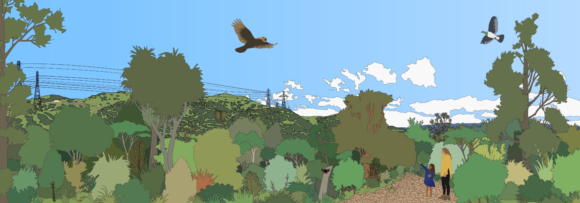 Stylised flat colour illustration of trees, blue sky, and two people pointing at birds in the sky
