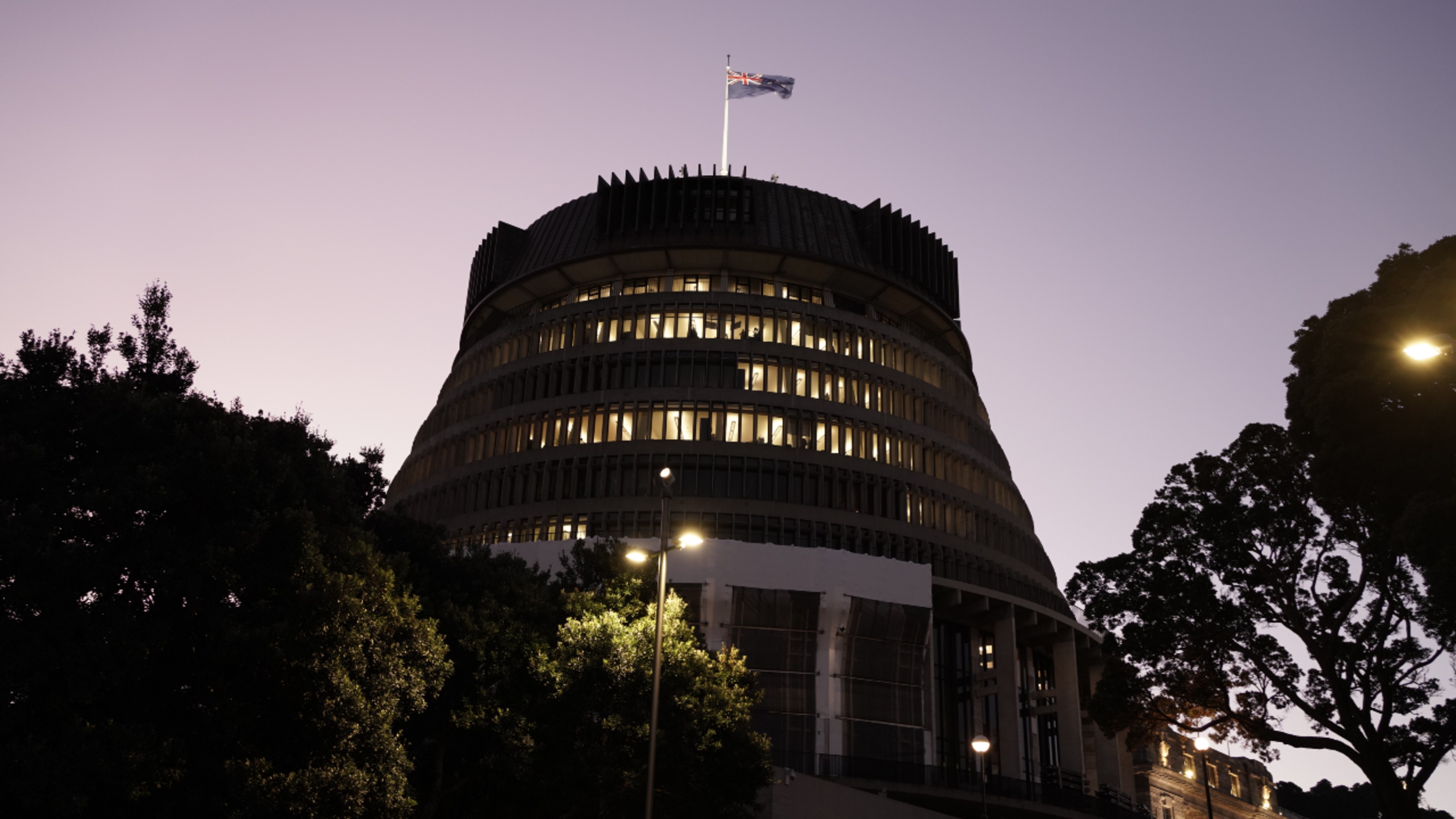 Wellington's Beehive building at night.