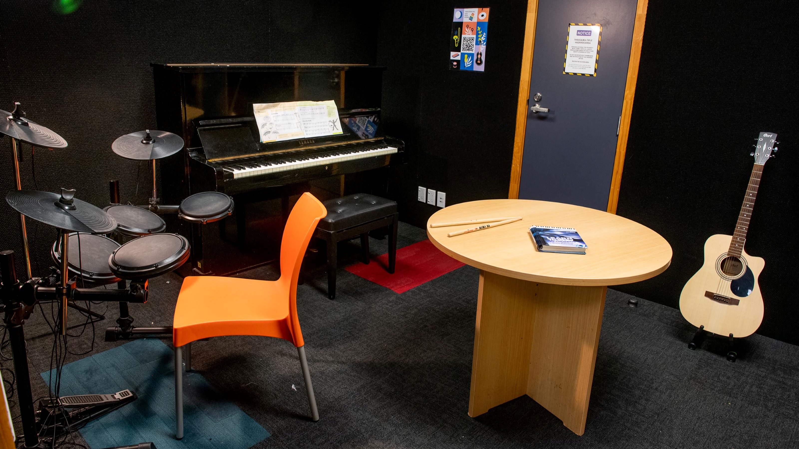 Instruments in the music room at Joan Stevens Hall.