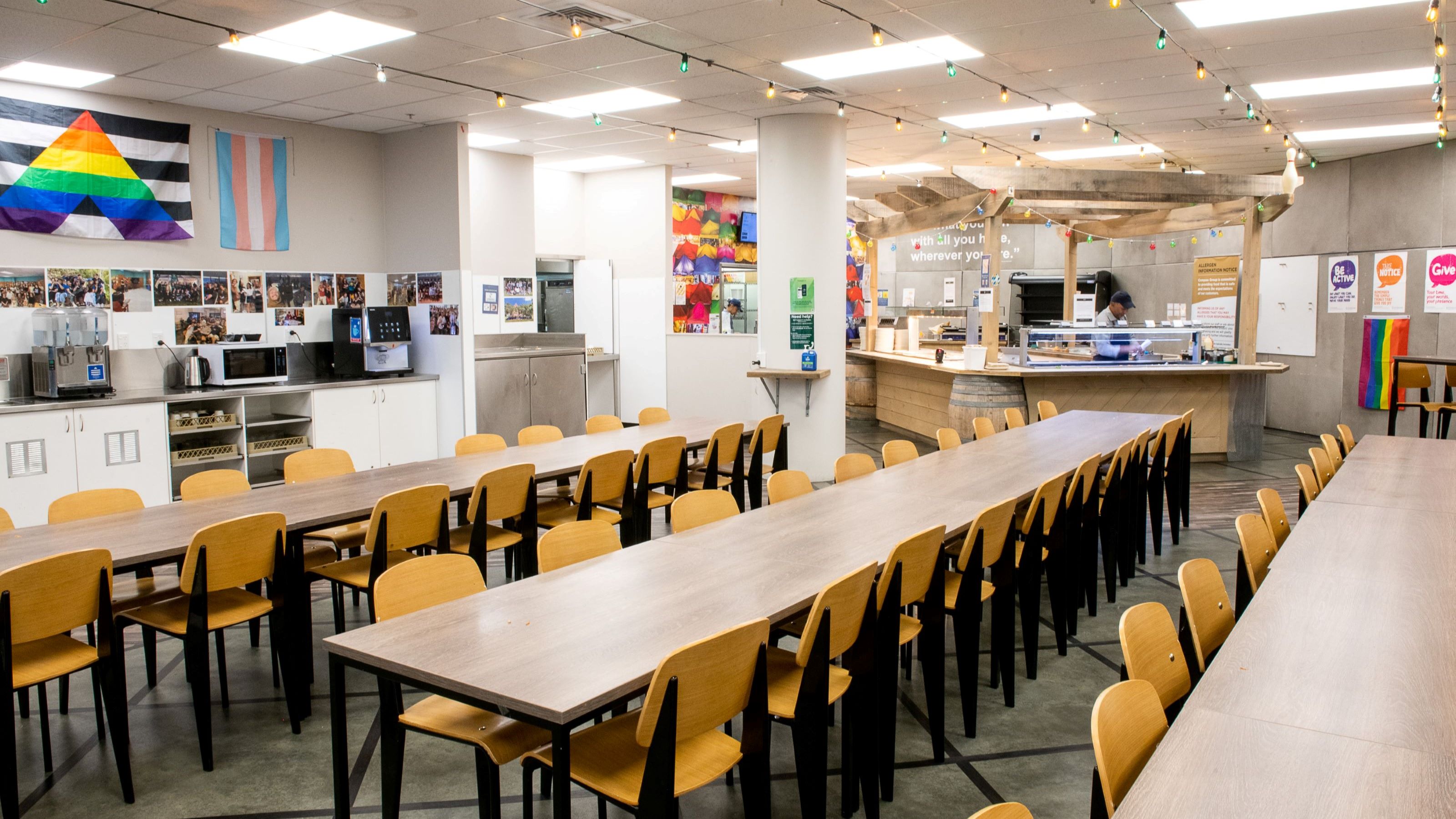 Long tables in the dining room at Joan Stevens Hall.