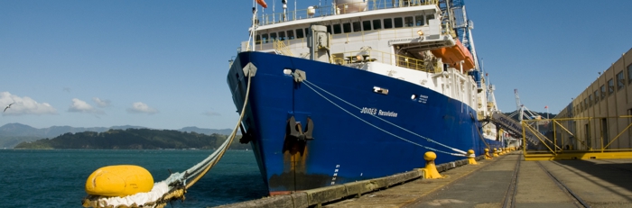 IODP research vessel Joides Resolution in dock in Wellington Harbour (photo courtesy of GNS Science).