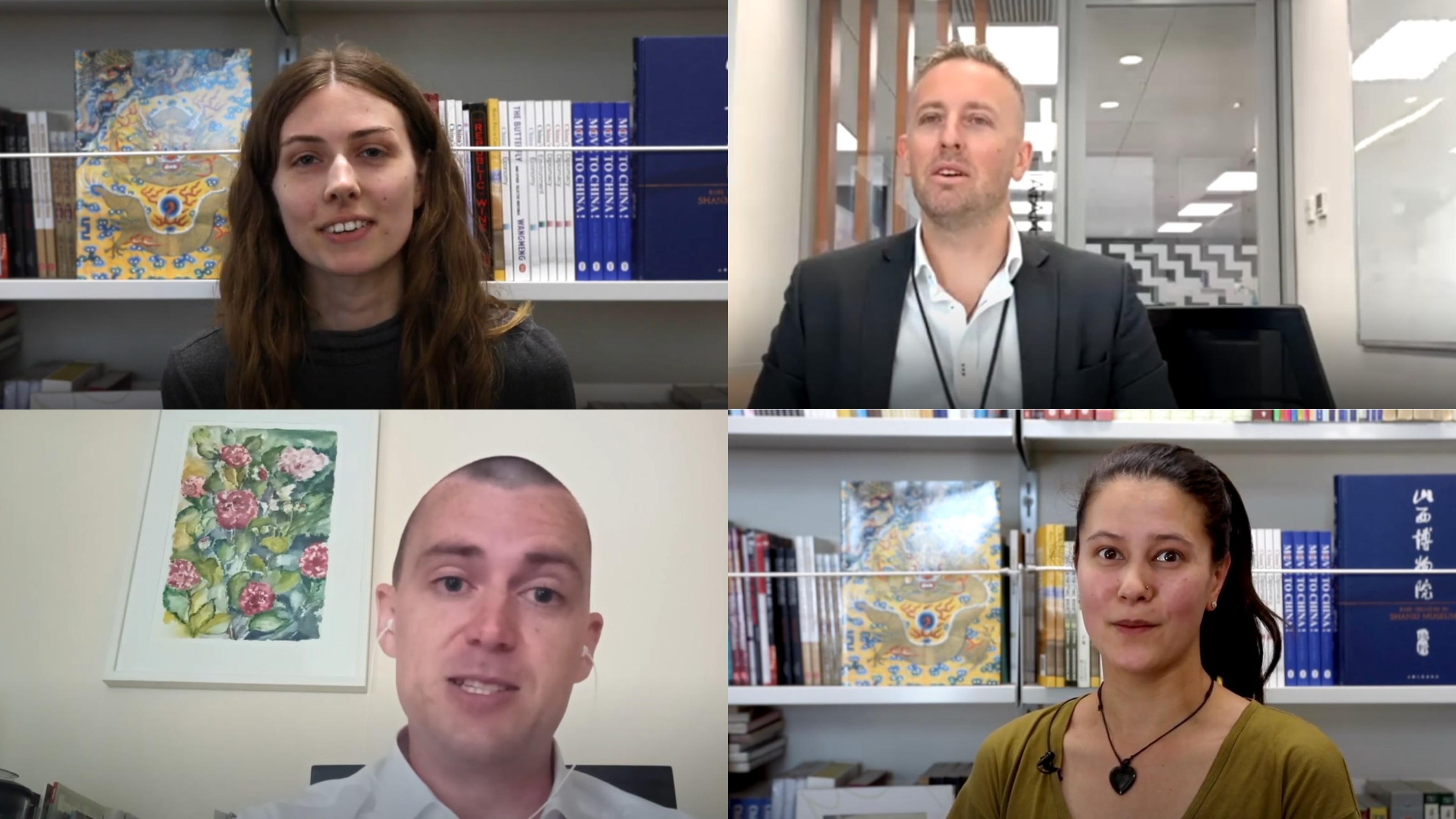 Collage of four individuals who have learned Mandarin and share their stories in videos.