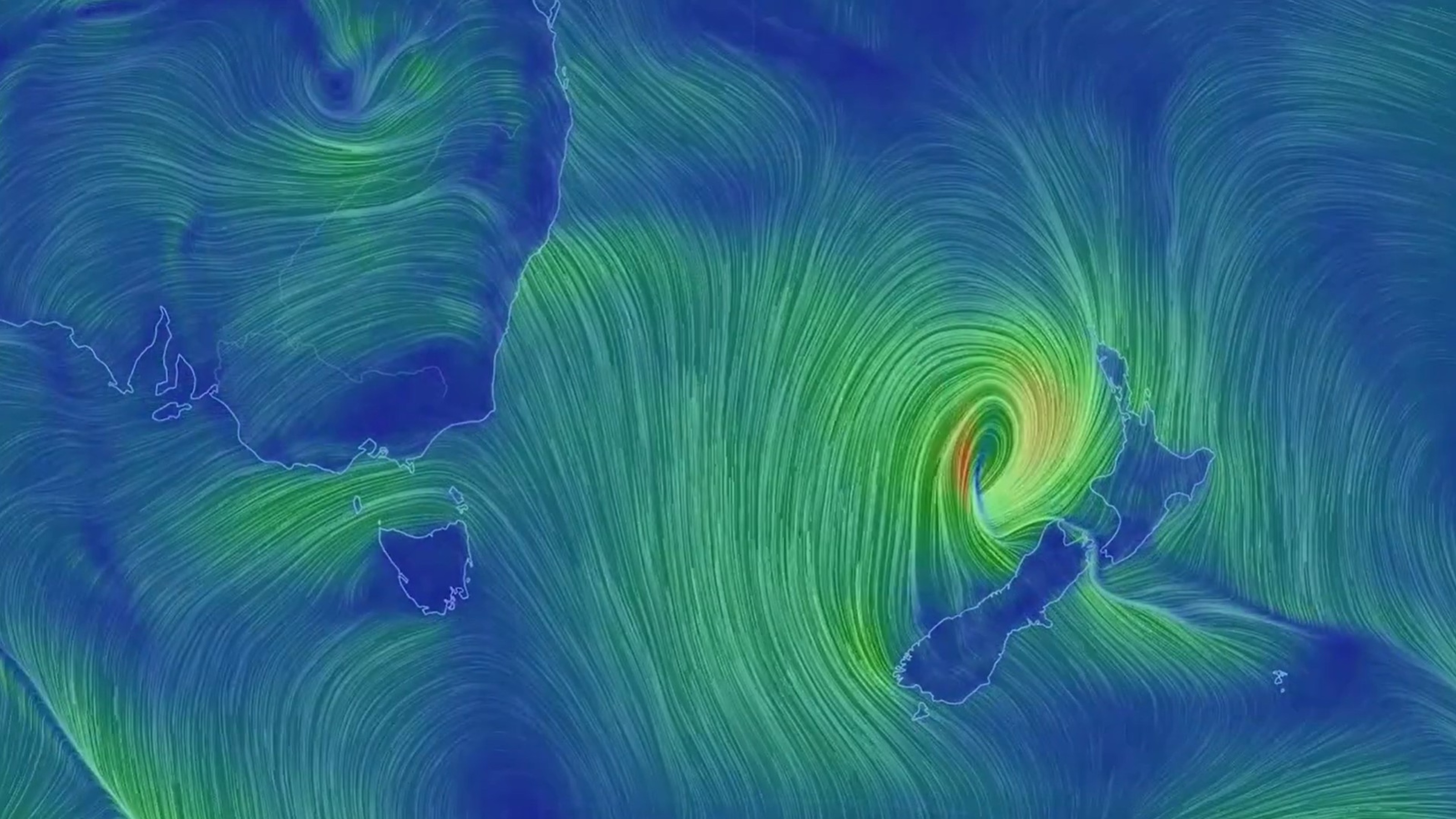 Blue and green computer model of storm system between Australia and New Zealand