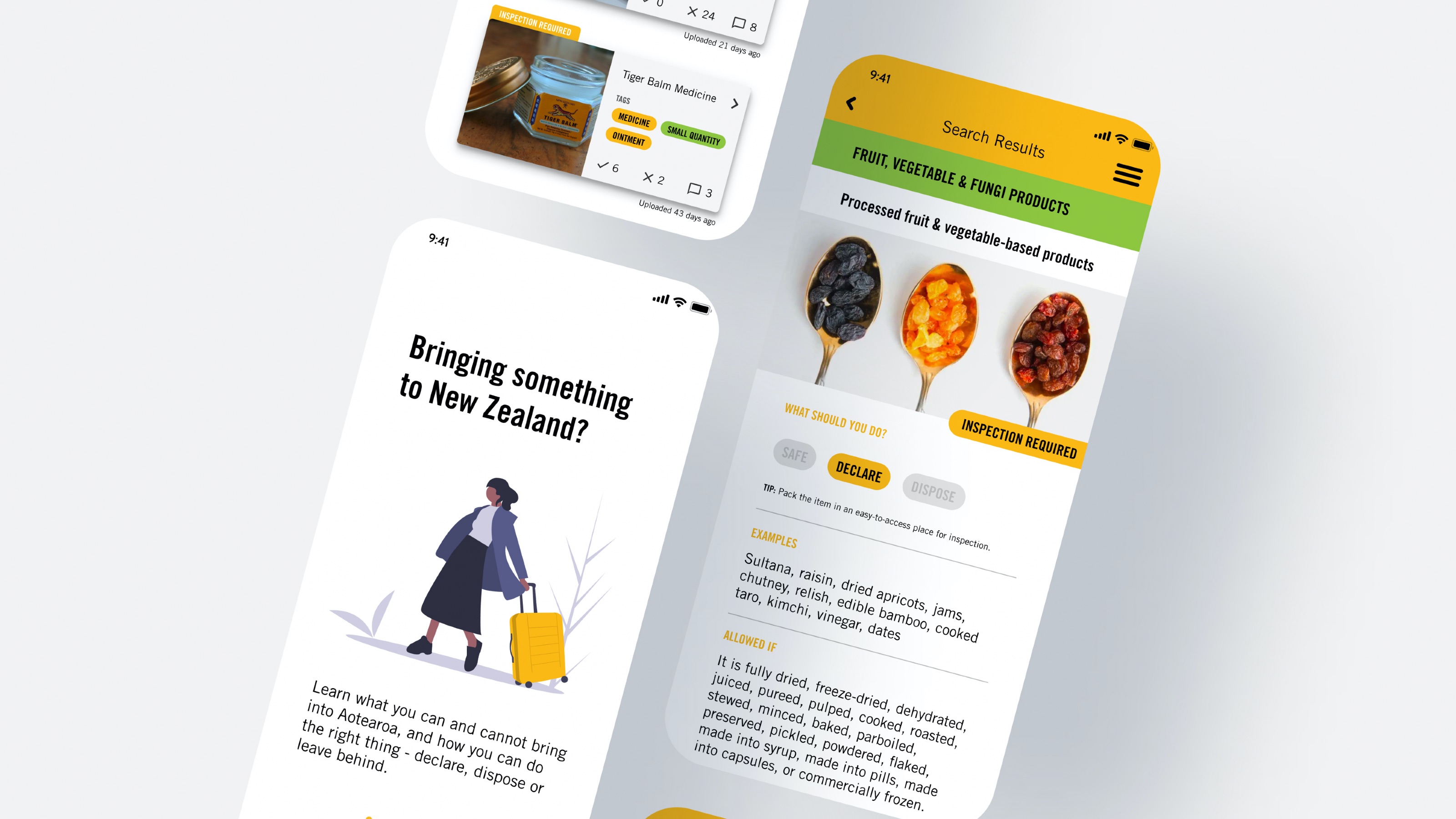 Screen mockups of Te Takoha biosecurity app saying "Bringing something in New Zealand", images of spices, medicine balm and an illustration of a person with a suitcase.
