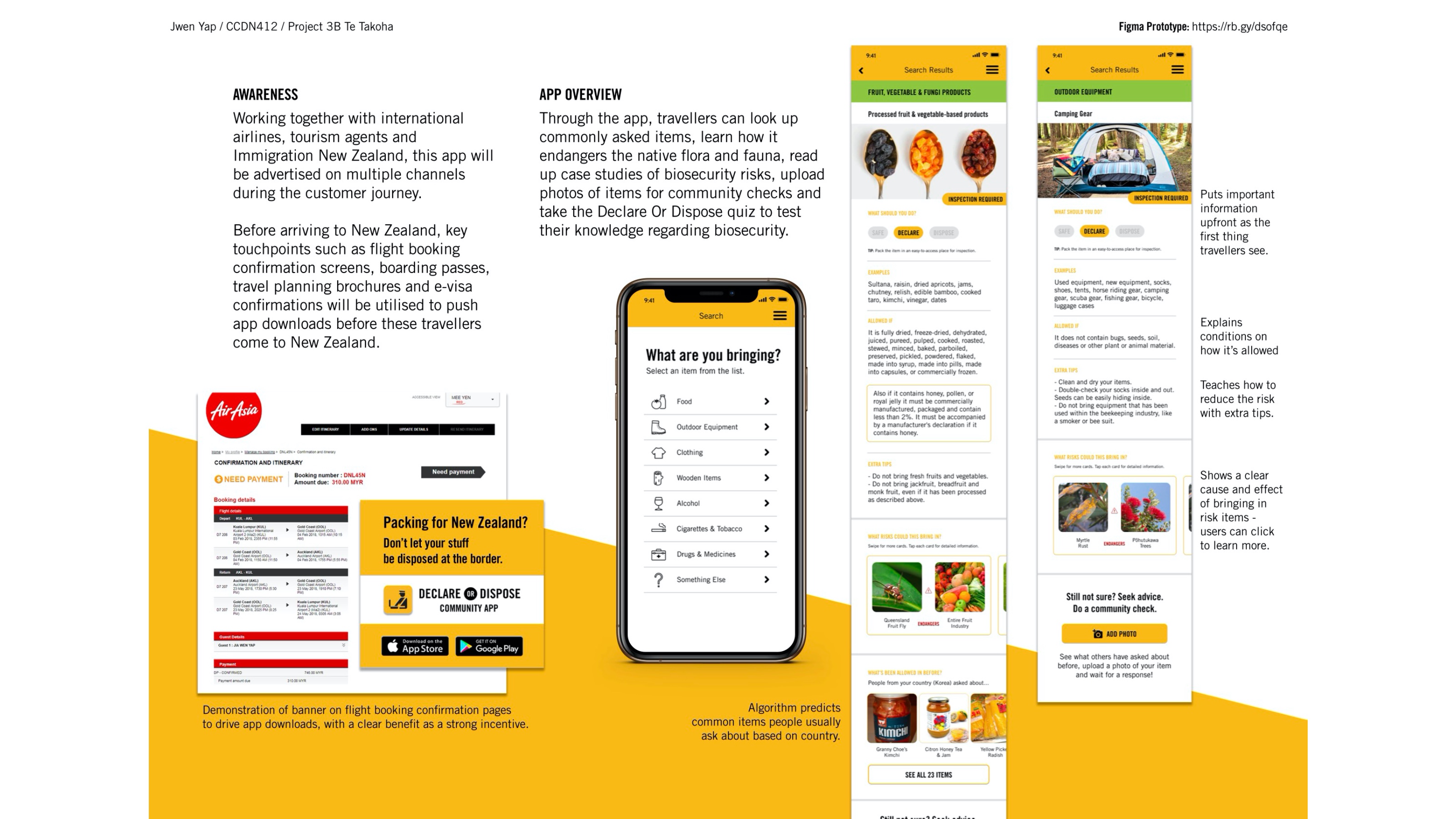 Screenshots from airline website and mockups of Te Takoha biosecurity app with text about the touchpoints to bring awareness about biosecurity to travellers throughout their travel experience. An app overview showing details of the functions.
