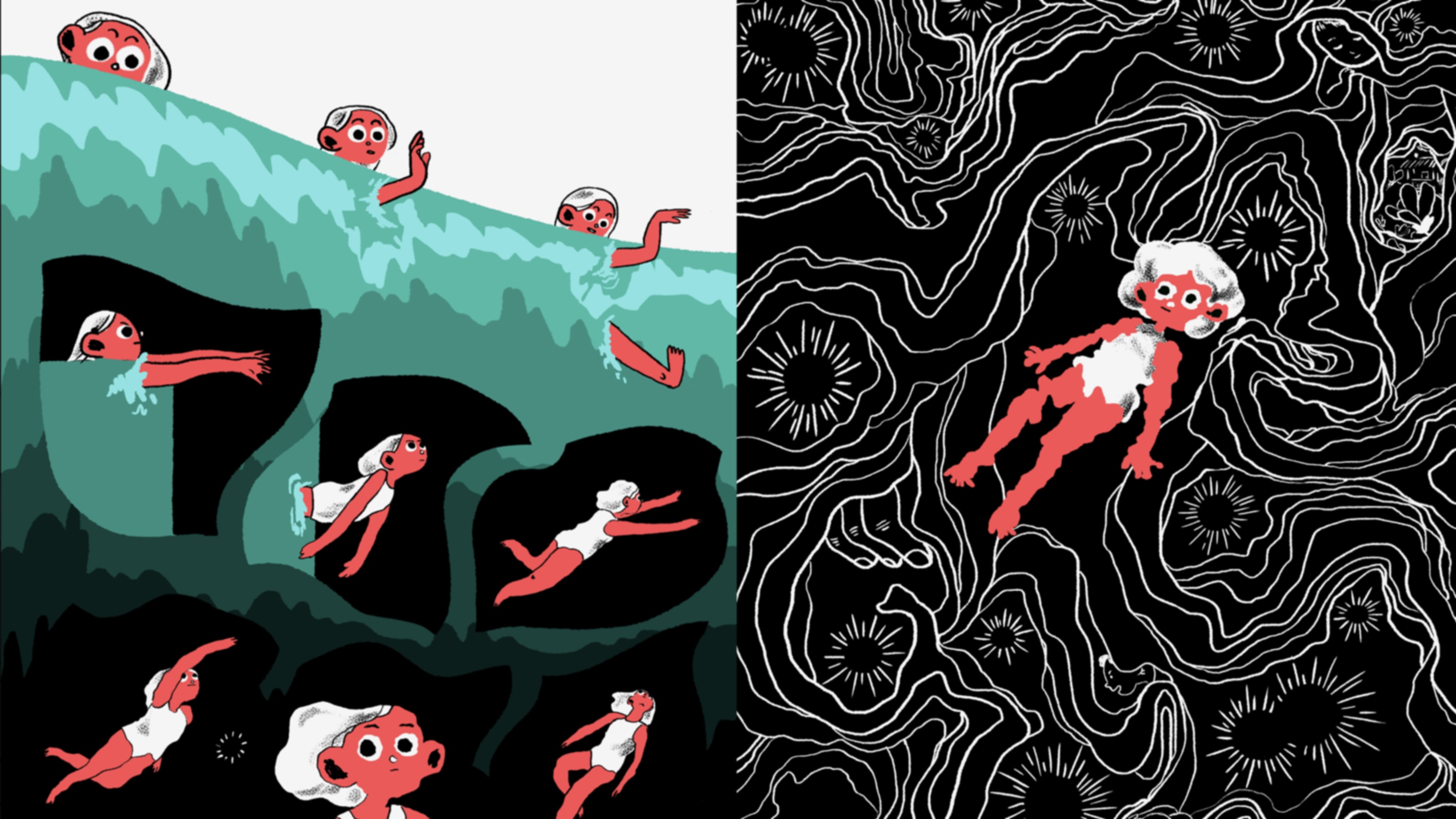 Cartoon-like image in two halves: one half has orange women in a green wave, the other has one woman on a black background