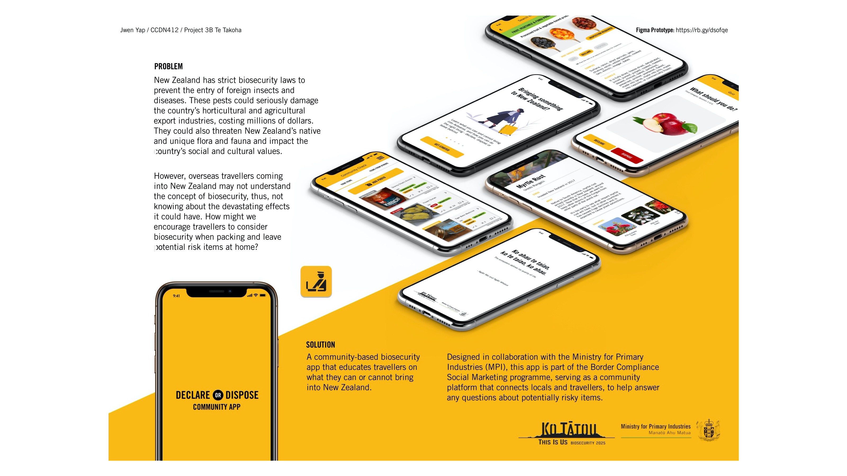 Mockups of Te Takoha biosecurity app and text of the problem  of travellers not undersanding what threats pests and the devastating effects they can have in New Zealand.
