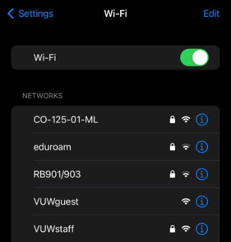 A screenshot from an iPhone, showing the VUWstaff network
