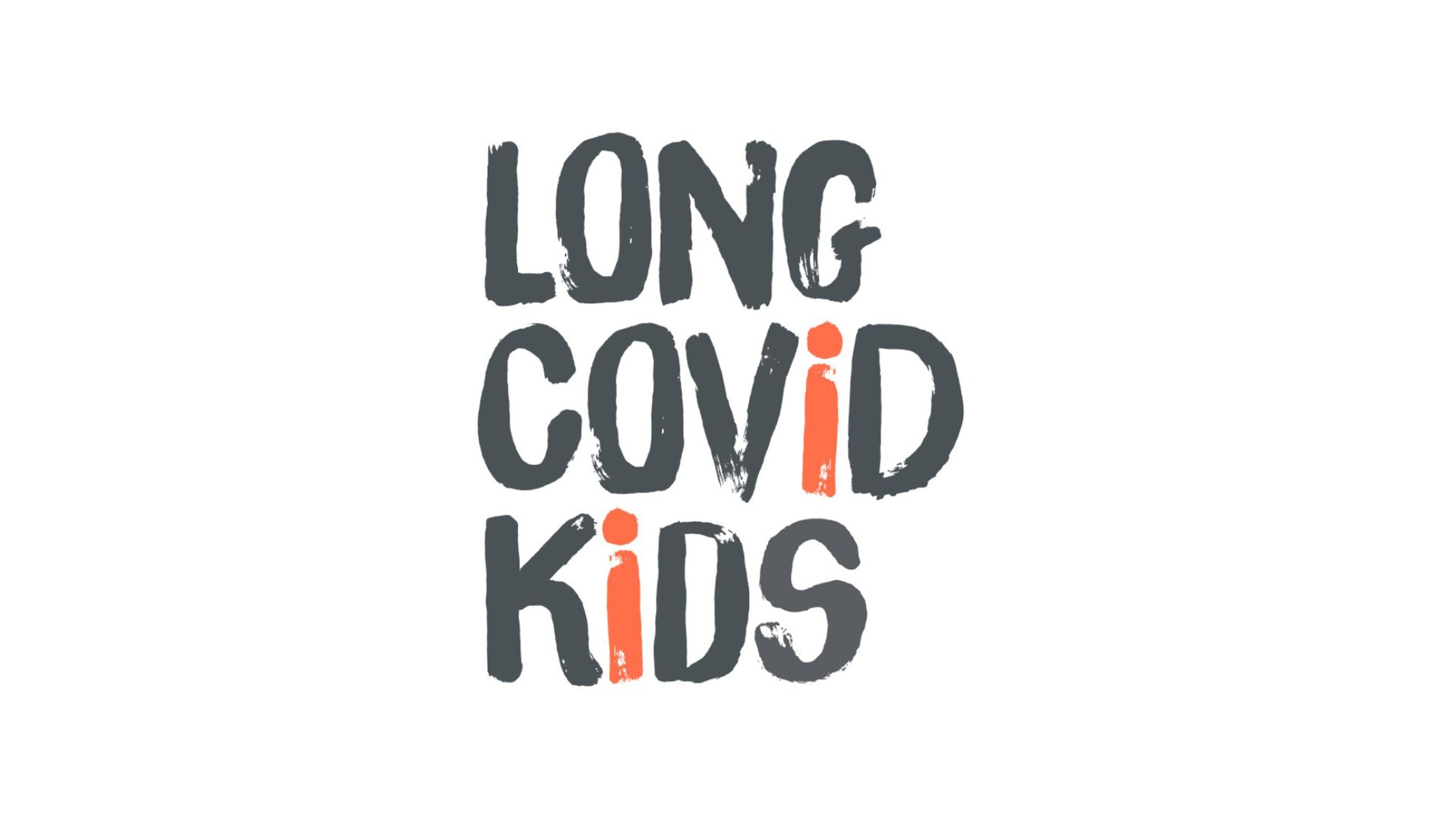 Black writing 'Long COVID Kids' with both 'i's in orange shaped like a person.