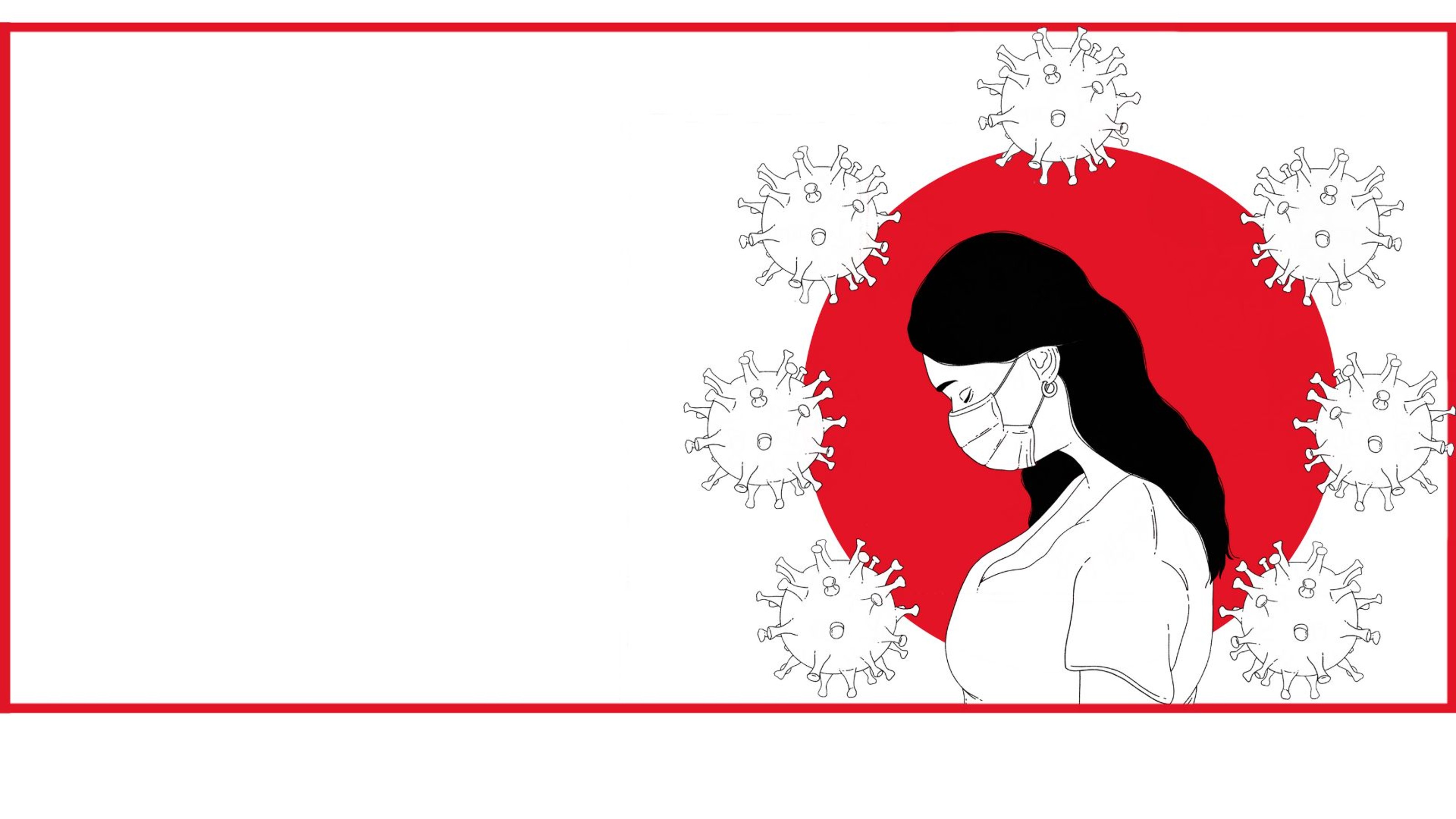 A sad, animated woman in a mask surrounded by an infectious disease with a red border.