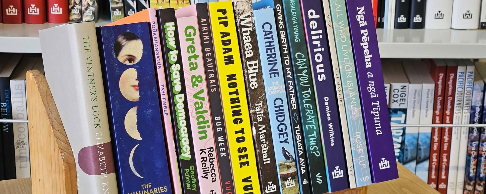 A shelf of Te Herenga Waka University Press books