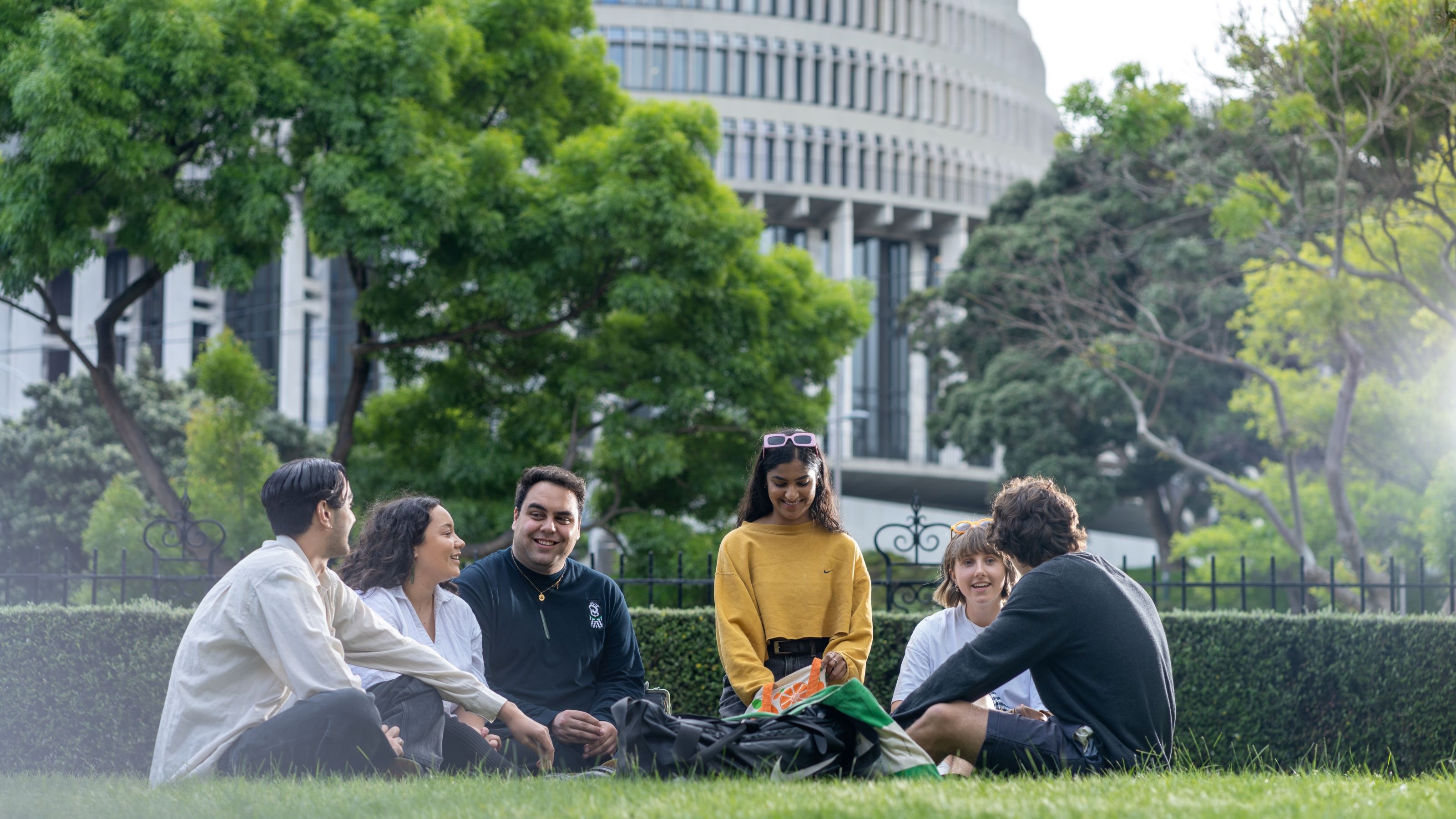 Students sitting together on the lawn with the Beehive in the background.