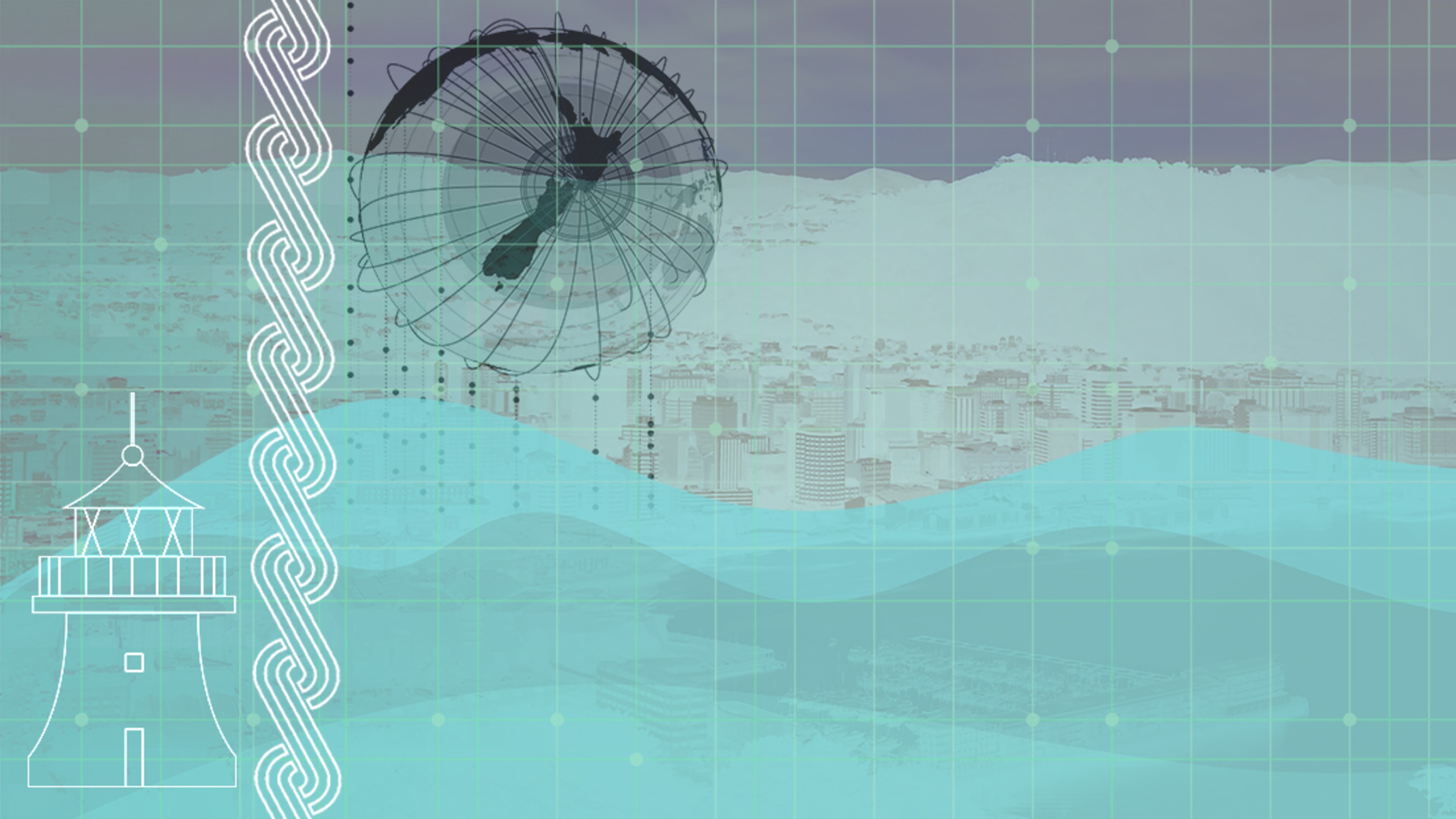 Graphic image with globe and silhouette of NZ elements on background of Wellington harbour