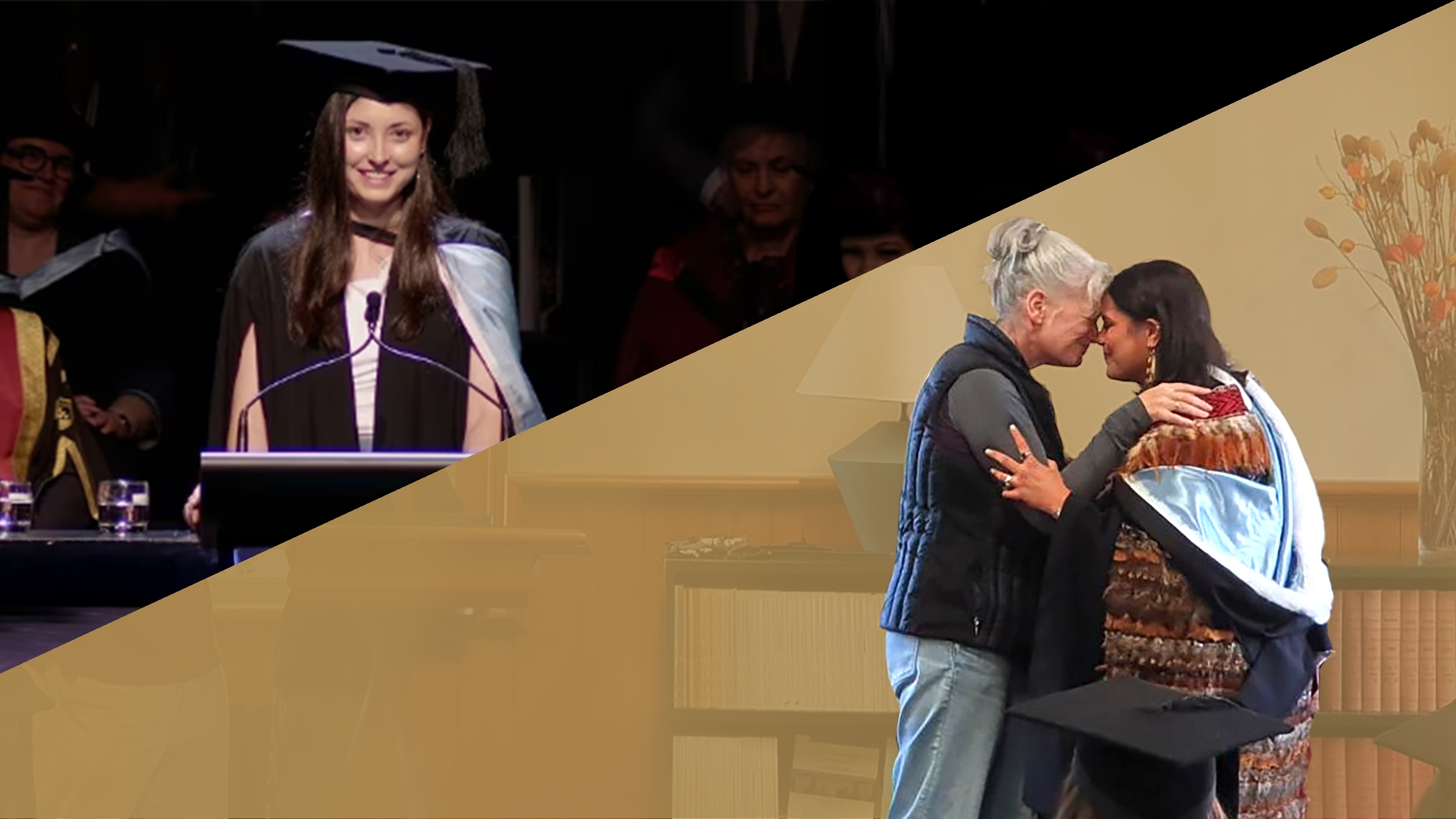 A composite image of a graduate speaker at the top left and two people preforming the hongi on the bottom right.