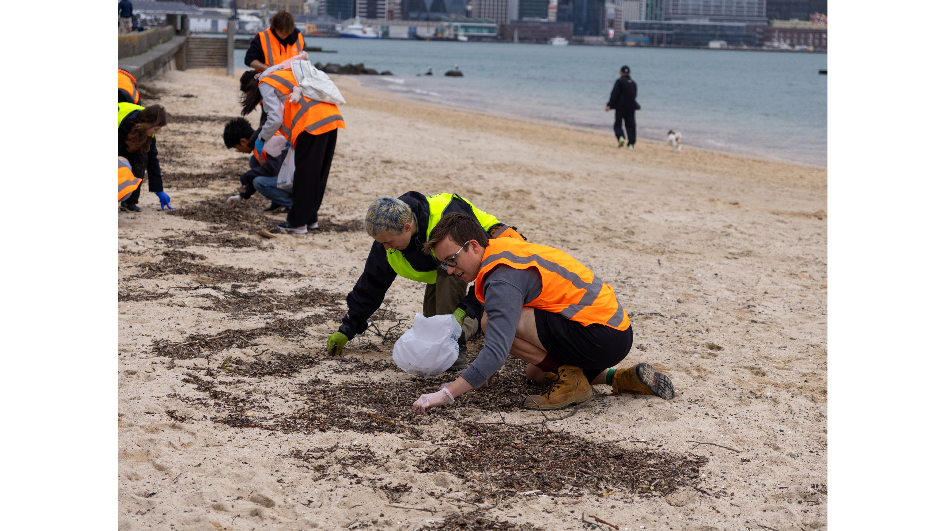 Students in high vis jackets at the beach cleanup kneeling on the sand