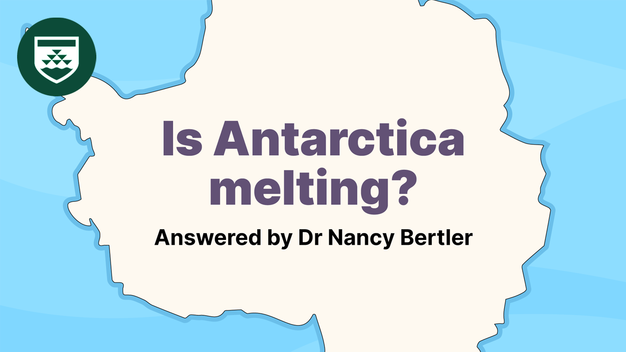 An illustrated map of Antarctica with text that says "Is Antarctica melting?" Illustration provided by National Park agency, copyright Victoria University of Wellington.