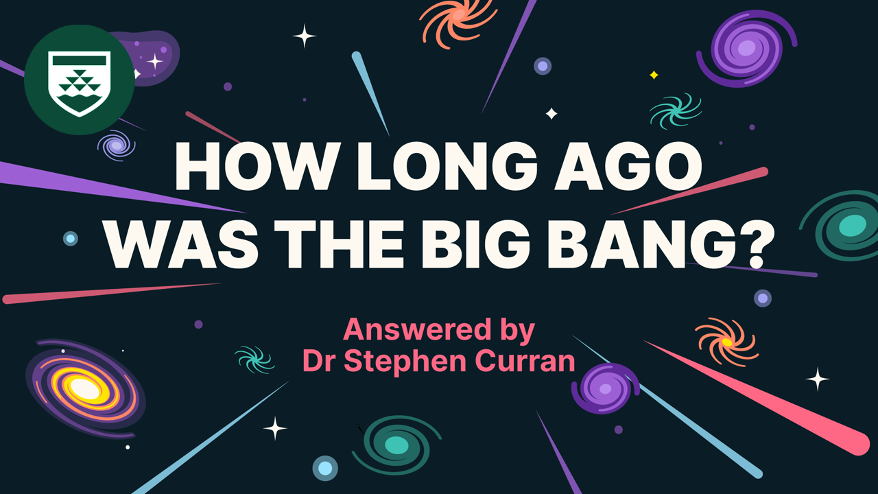 An illustrated image of space with the text "How long ago was the Big Bang?"Illustration provided by National Park agency, copyright Victoria University of Wellington.
