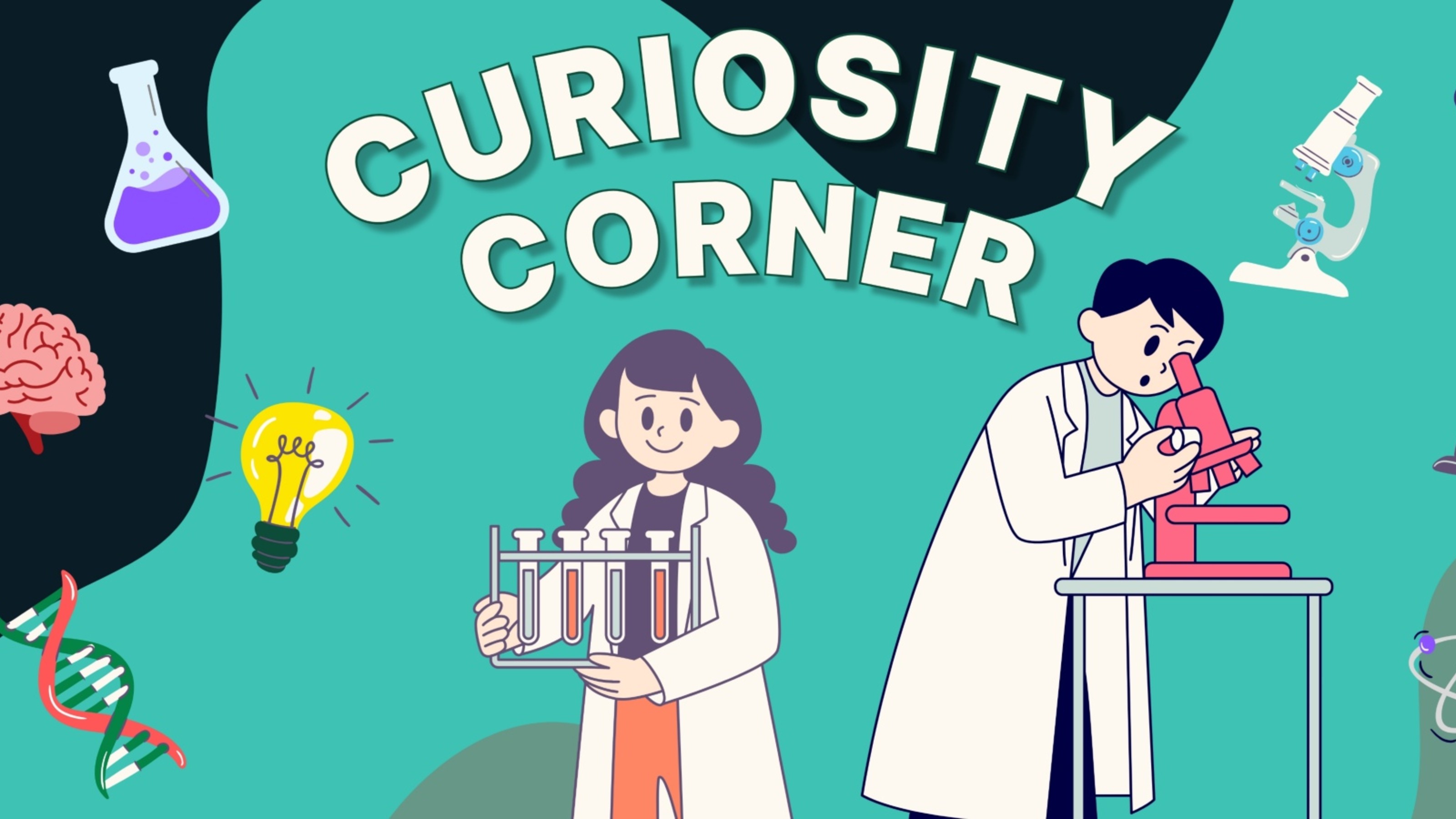 Cartoon image of two scientists in lab coats, with items such as a microscope, test tube, beaker, brain, and solar system