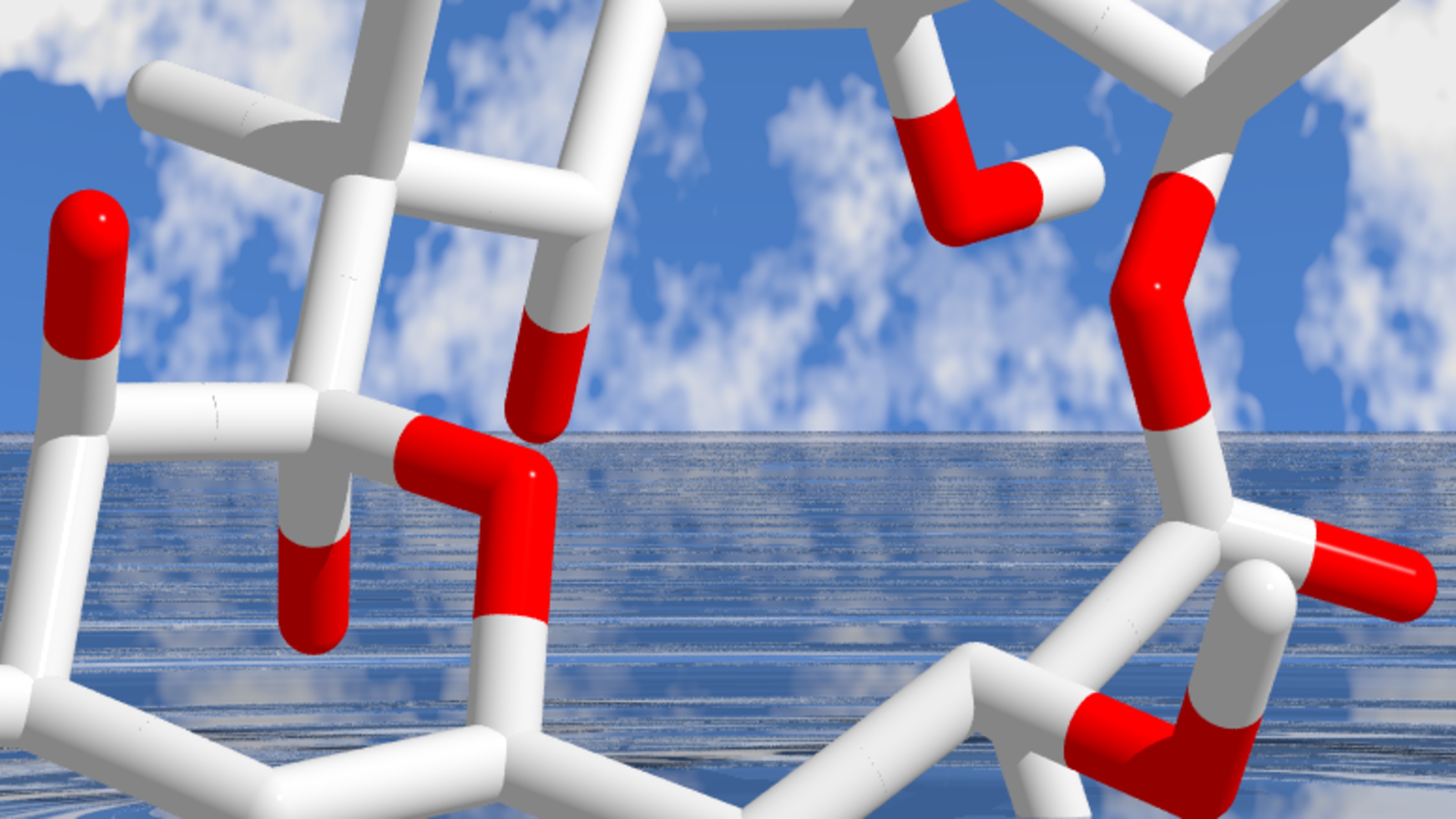 CG molecule on backdrop of calm sea with sky in distance