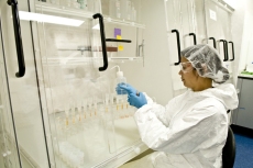 a student works in a Volcanology lab.