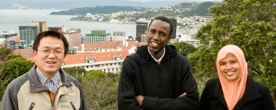 Three postgrads Three postgraduate students with Wellington in the background.