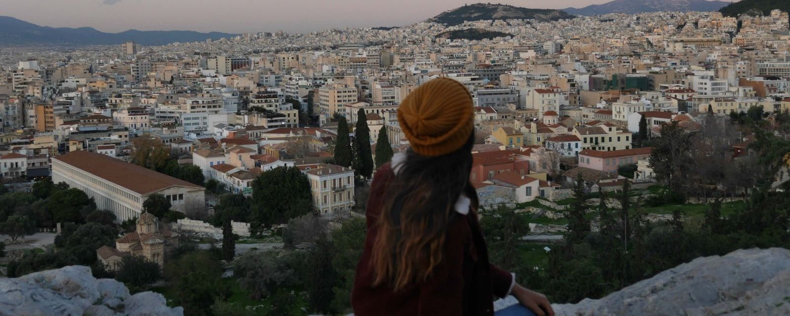 Exchange student watching the sunset atop Mars Hill in Athens, Greece.