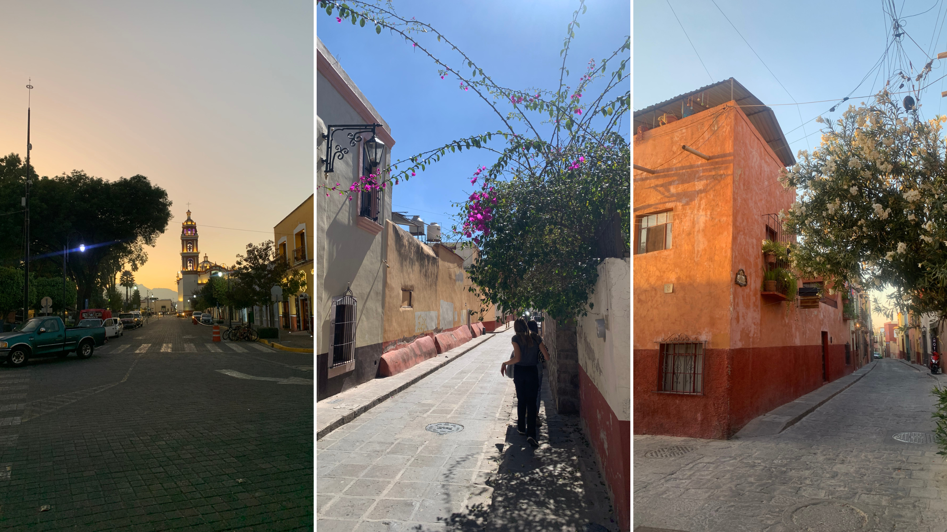 Three-panel collage: a sunset street with a lit church tower and quiet road, a narrow cobblestone lane shaded by bougainvillea and lined with pastel buildings, and a corner street with a warm-toned house and flowering trees under a clear blue sky.