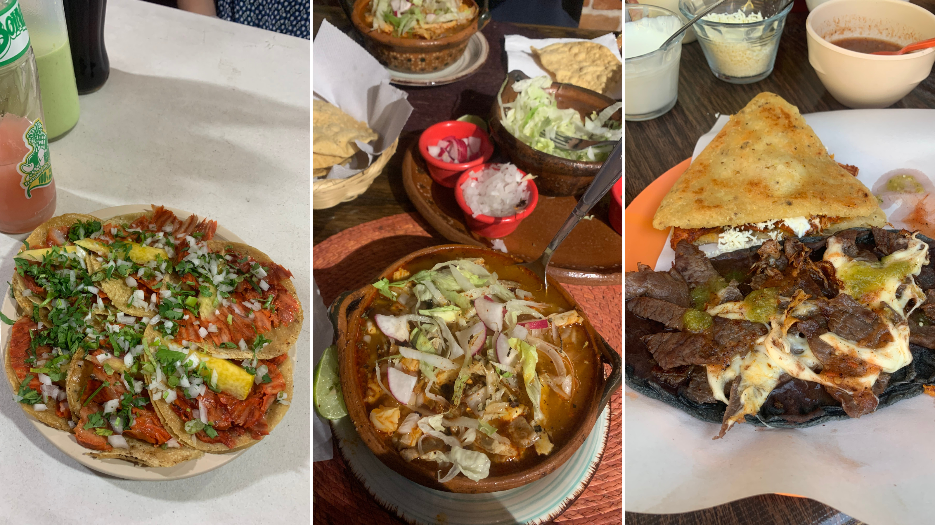 Three-panel collage of different foods: close-up of tacos topped with coriander and onion, a bowl of traditional soup with cabbage and radish garnishes, and a cheesy taco dish with grilled meat and sauces on a plate.