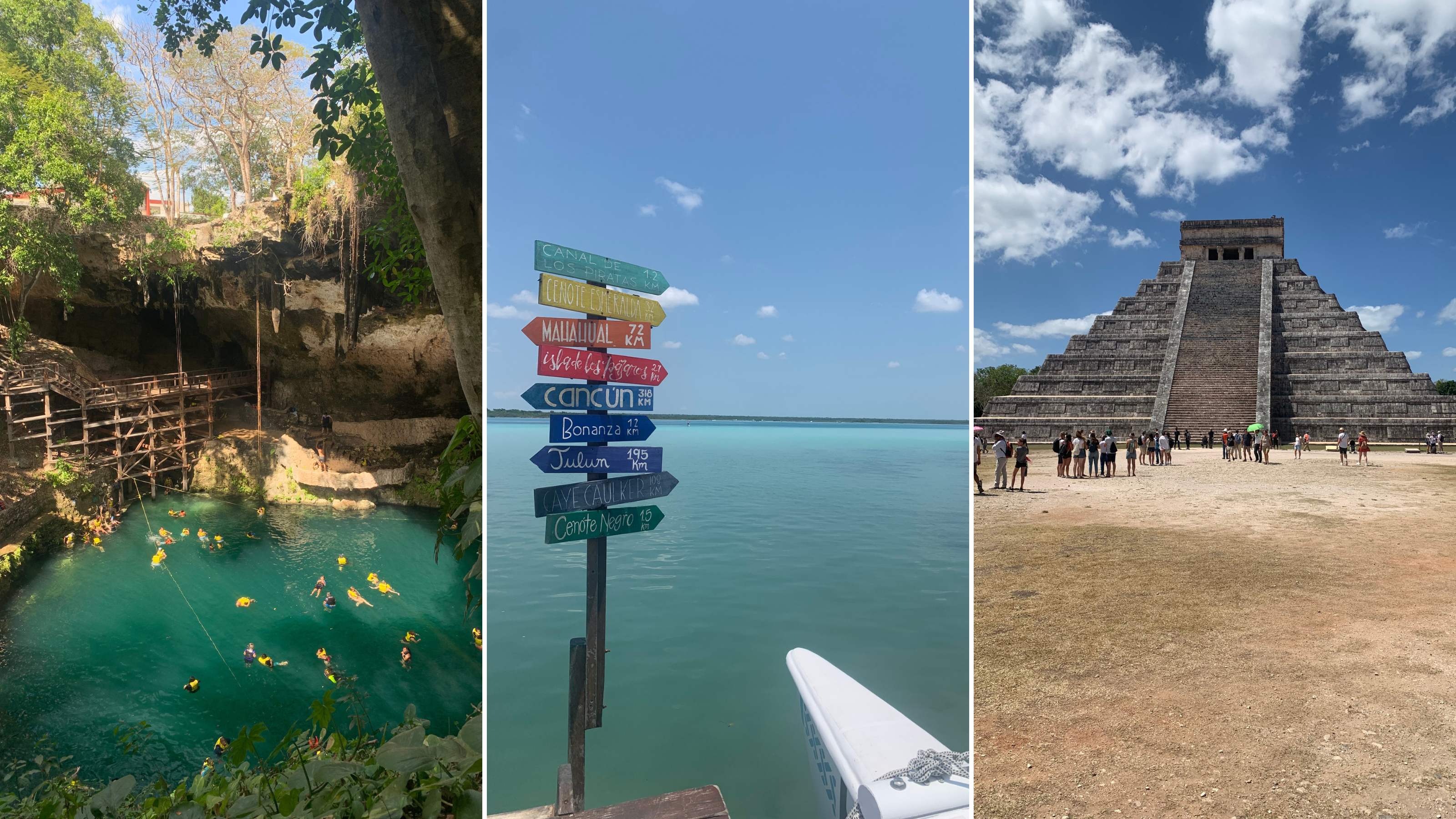 Three-panel collage:  turquoise cenote surrounded by rock cliffs with swimmers below, a colourful signpost pointing to nearby destinations by a calm lagoon, and a large stepped pyramid under a bright blue sky with visitors gathered in front.