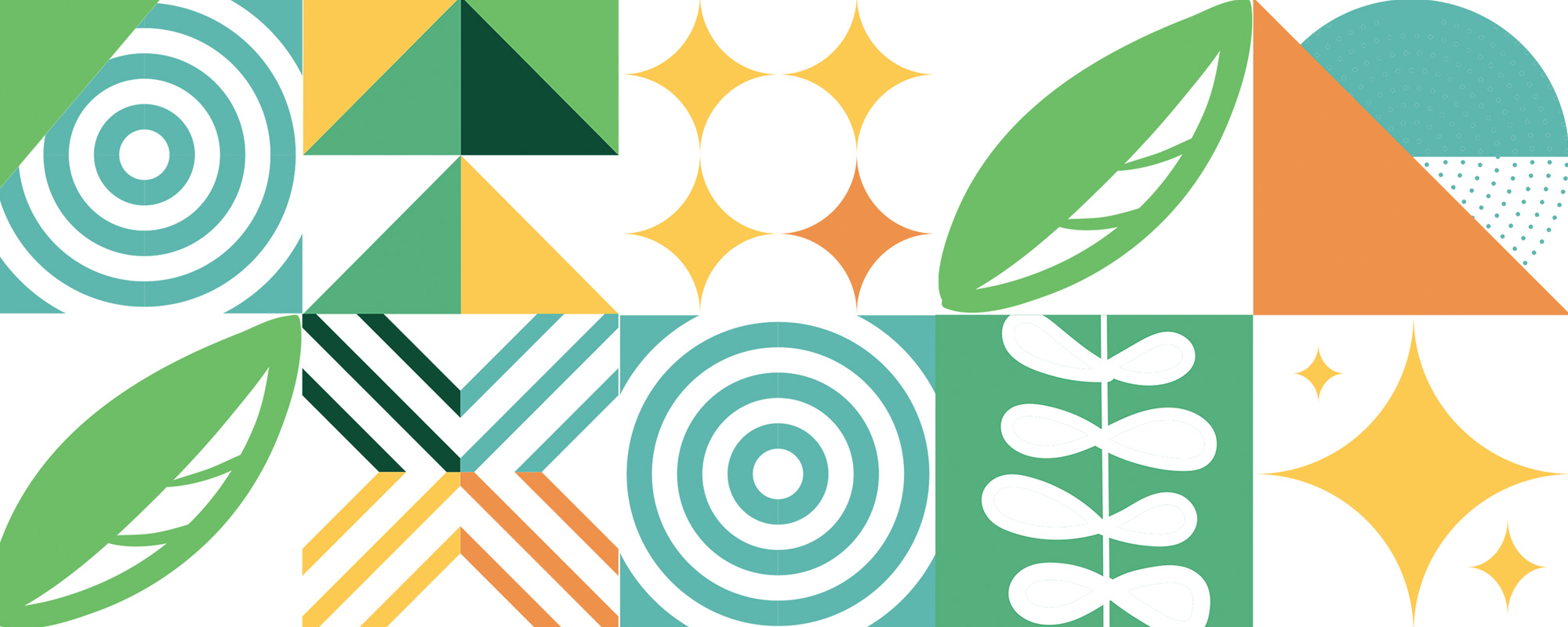 A collection of colourful abstract icons in green, yellow, orange and teal.